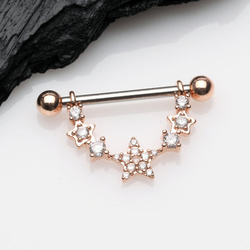 Detail View 1 of A Pair of Rose Gold Sparkly Glam Stars Dangle Nipple Shield-Clear Gem